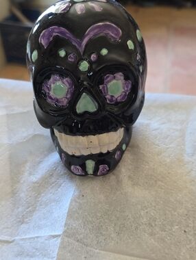Black Ceramic Sugar Skull Figurine with Purple and Mint Accents